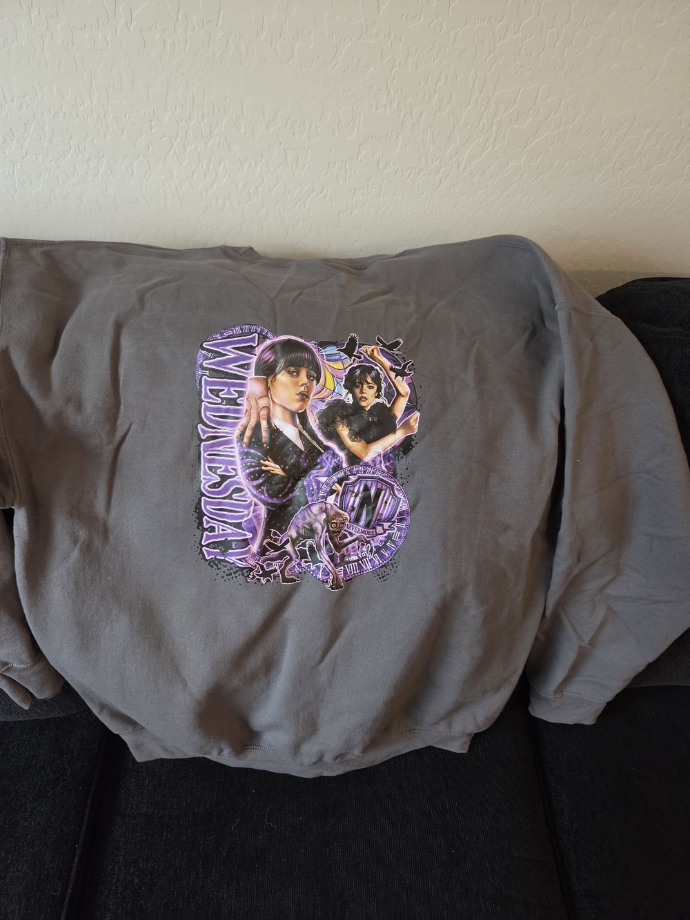Gildan Grey Crewneck Sweatshirt with Purple Wednesday Graphic